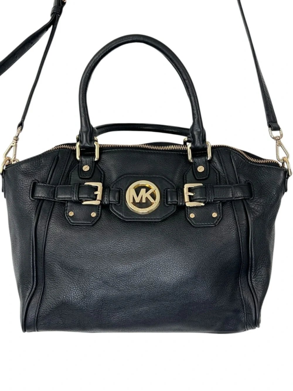 Michael Kors Large Black Hudson Satchel Tote Purse Pebbled Leather Gold